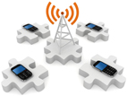 Antenne de réseau sans-fil au centre d'un réseau auquels sont connectés des téléphones